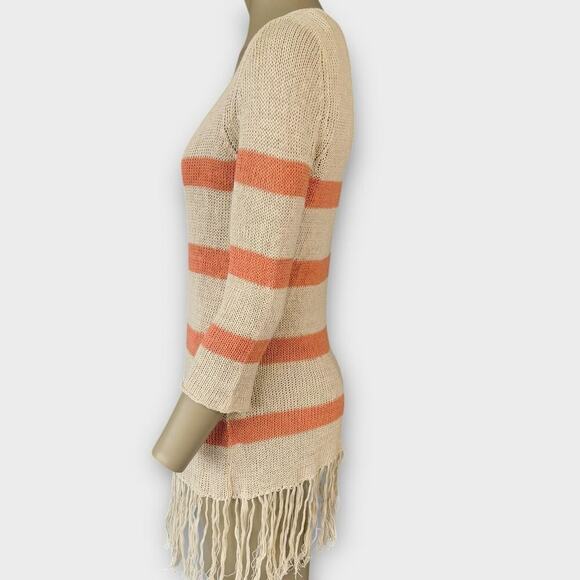 Willow & Clay Linen Blend Fringed Knit Lightweight Sweater Size S Striped Cream - Picture 3 of 14